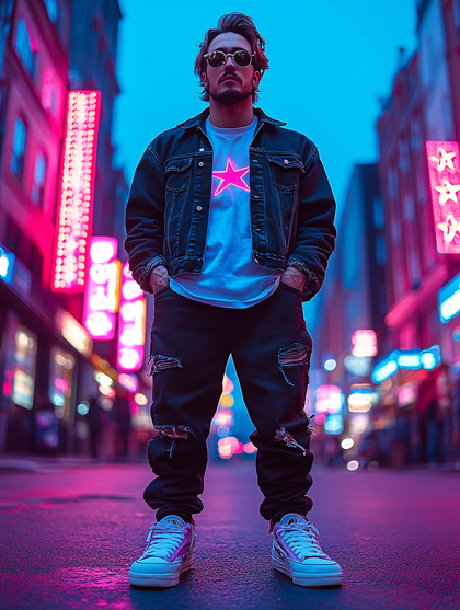 Man Standing In Neon Cityscape