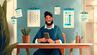 Man Using Phone At Desk With Calendars