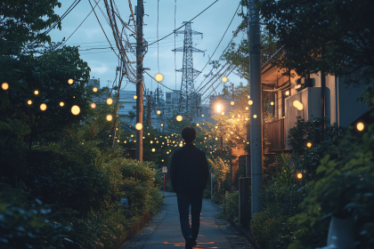 Man Walking Down Fairy Light Street