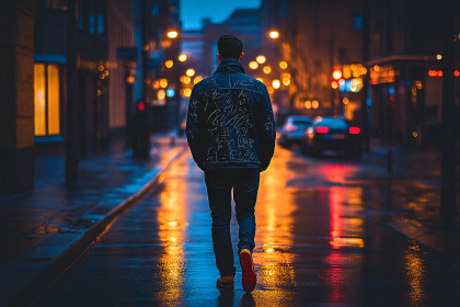 Man Walking in Rainy City Night
