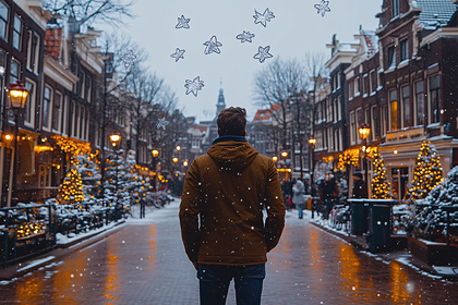 Man Walking in Snowy Street with Christmas Decorations