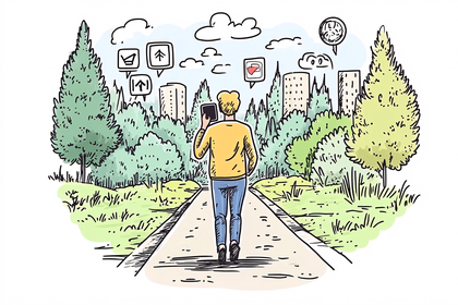 Man Walking on a Path with City in the Background
