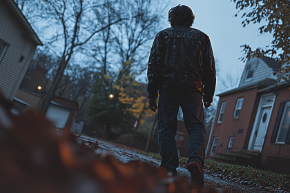 Man Walking on a Street in Autumn