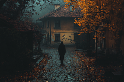 Man Walking on Cobblestone Path in Autumn