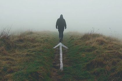 Man Walking on Path with Arrow in Fog