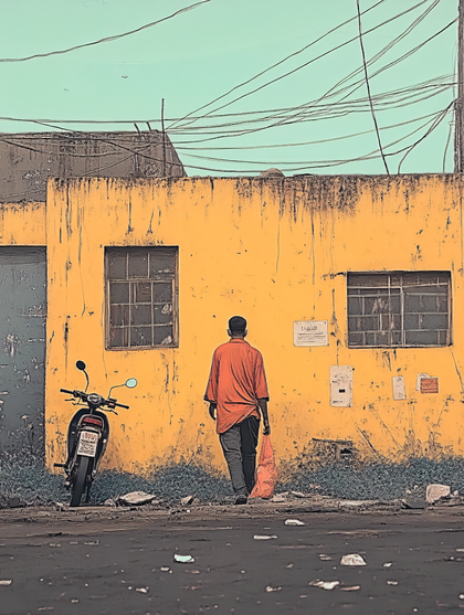 Man Walking Past Yellow Building