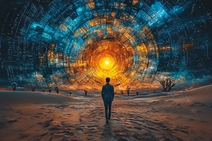 Man Walking Towards Portal in Desert