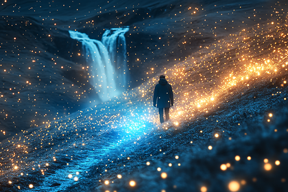 Man Walking Towards Waterfall