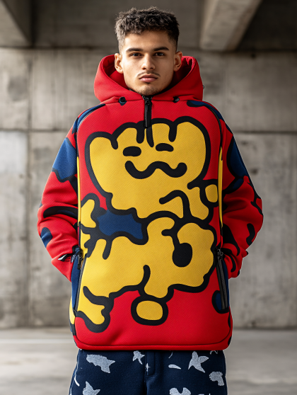 Man Wearing Cartoon Bear Hoodie