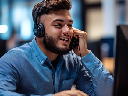 Man Wearing Headphones Talking on Telephone