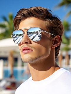 Man with Aviator Sunglasses Reflecting Beach Scene