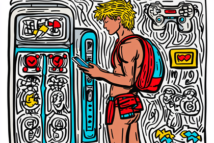 Man with Backpack and Phone Beside Vending Machine