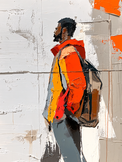 Man with backpack in an abstract painting