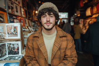 Man with Beanie and Plaid Coat