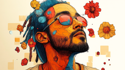 Man With Dreadlocks And Flowers Looking Upward