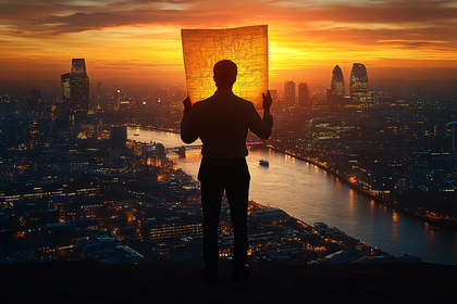Man with Map Overlooking City at Sunset