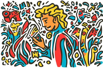 Man with Smartphone in Abstract Garden