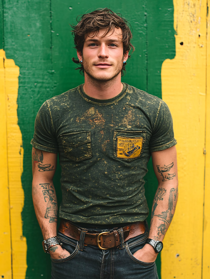 Man With Tattoos Leaning Against Colorful Wall