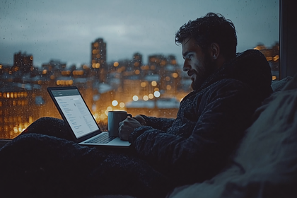 Man Working at Home on Rainy Day
