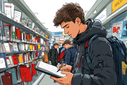 Man Writing in Bookstore Aisle