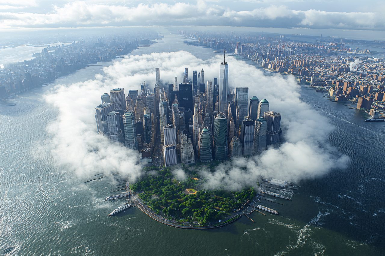 Aerial View of Manhattan Skyline Emerging from Cloud Cover