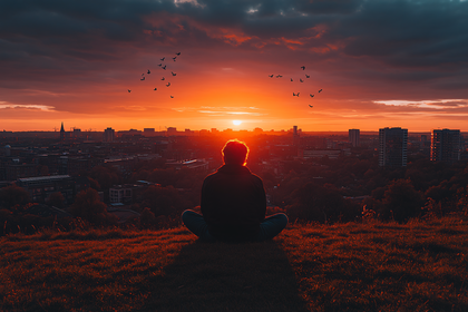 Meditating at Sunset Over City