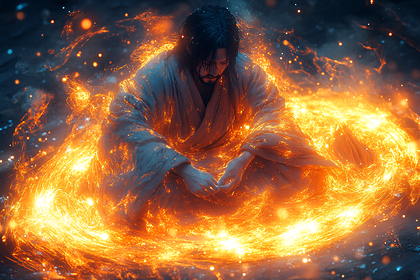 Meditating Figure in Fiery Aura