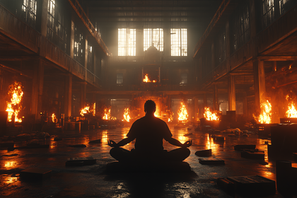Meditating Man In Lotus Pose Surrounded By Fire In Industrial Setting
