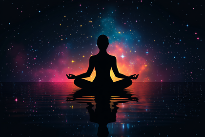 Meditating Silhouette in Cosmic Water