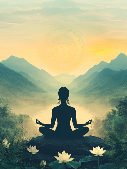Meditating Woman Silhouette At Scenic Mountain Landscape