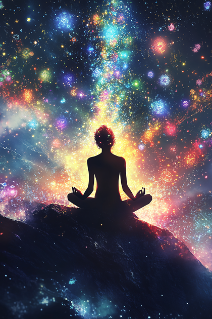 Meditative Figure Amidst Cosmic Radiance