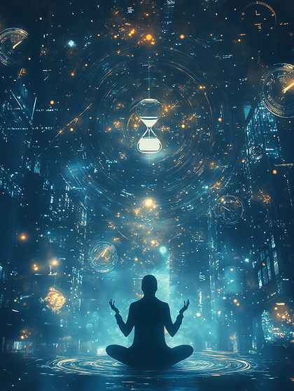 Meditative Figure In Cosmic Cityscape