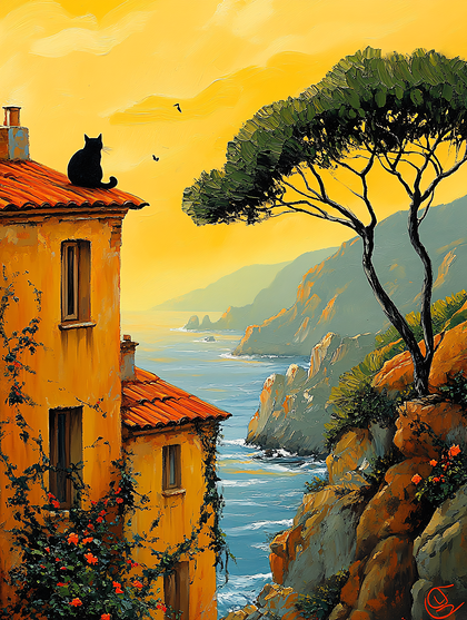Mediterranean Coastal Serenity with Black Cat