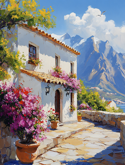 Mediterranean House with Bougainvillea Blossoms