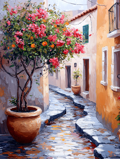 Mediterranean Street with Bougainvillea