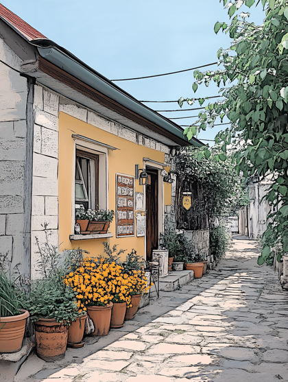 Mediterranean Street with Yellow Building and Flowers