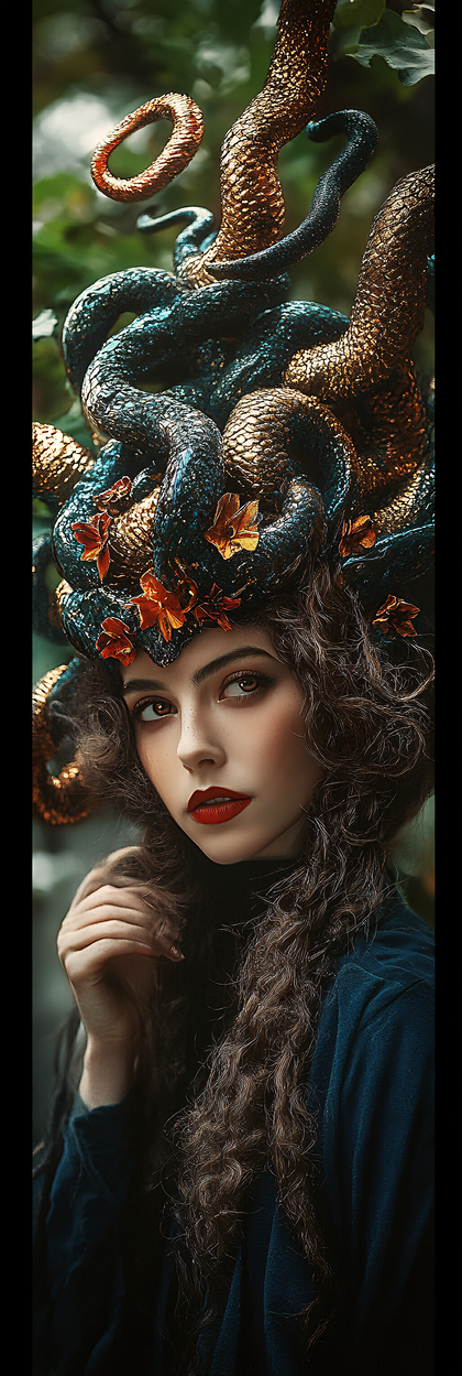 Striking Portrait of Medusa with Snake Adornments and Intense Gaze