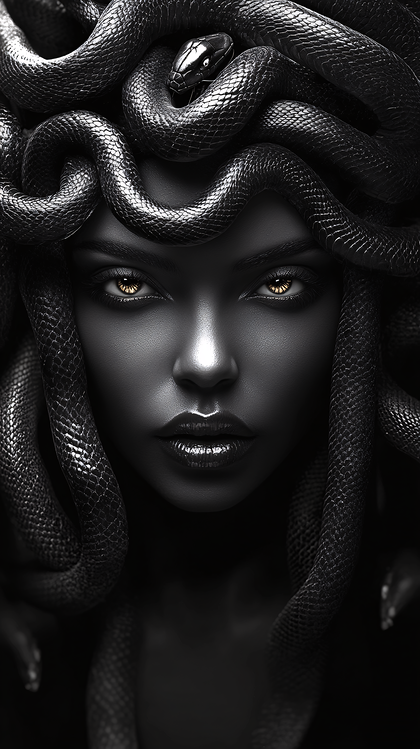 Striking Medusa Portrait with Serpents and Golden Eyes
