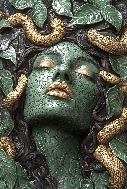 Medusa Sculpture with Golden Snakes and Green Leaves