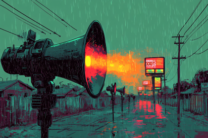 Megaphone Array in Rainy Urban Landscape