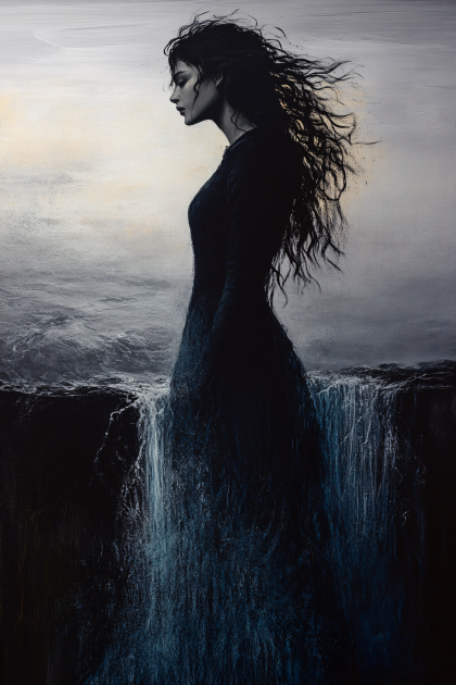 Melancholy Silhouette By The Waterfall