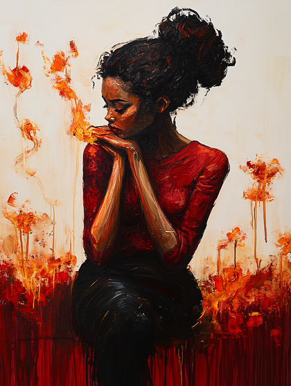 Melancholy Woman With Flame Flowers