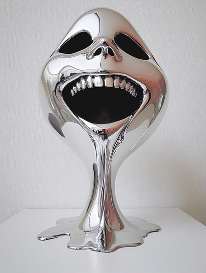 Melting Chrome Face Sculpture