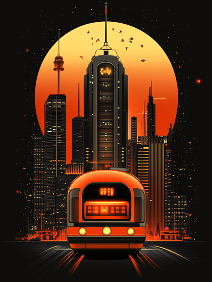 Metropolis at Night with Retro Train