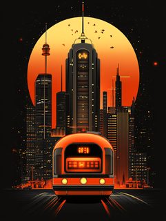 Metropolis at Night with Retro Train