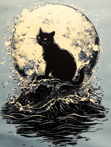 Midnight Cat on Water