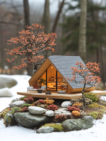 Miniature A-Frame Cabin in Winter