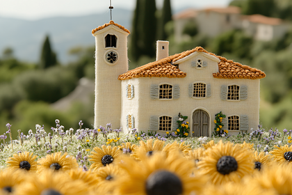 Miniature House in Sunflower Field