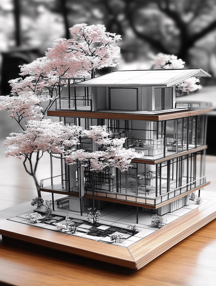 Miniature Modern House Model with Pink Trees