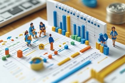 Miniature People Analyzing Financial Data